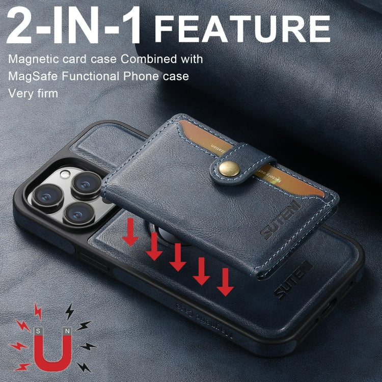 For iPhone 16 Pro Max Suteni M1 Oil Wax MagSafe Detachable Horizontal Card Bag Phone Case(Blue) - iPhone 16 Pro Max Cases by Suteni | Online Shopping South Africa | PMC Jewellery | Buy Now Pay Later Mobicred