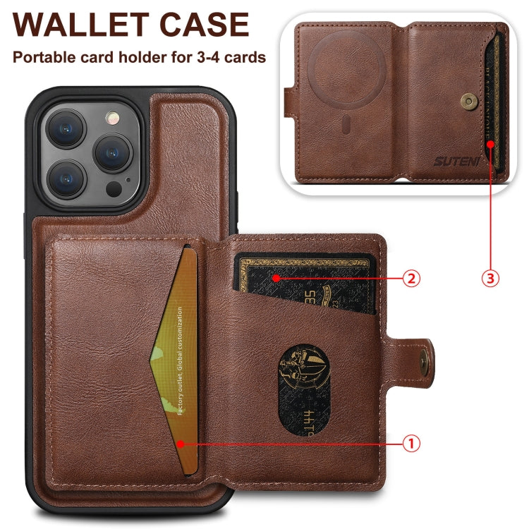 For iPhone 14 Pro Max Suteni M1 Oil Wax MagSafe Detachable Horizontal Card Bag Phone Case(Brown) - iPhone 14 Pro Max Cases by Suteni | Online Shopping South Africa | PMC Jewellery | Buy Now Pay Later Mobicred