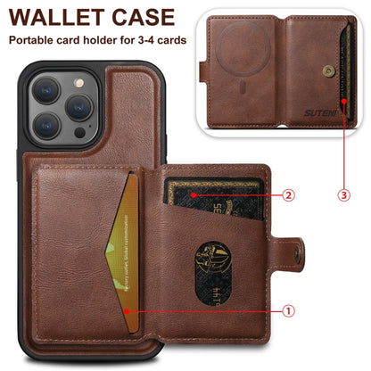 For iPhone 13 Suteni M1 Oil Wax MagSafe Detachable Horizontal Card Bag Phone Case(Brown) - iPhone 13 Cases by Suteni | Online Shopping South Africa | PMC Jewellery | Buy Now Pay Later Mobicred