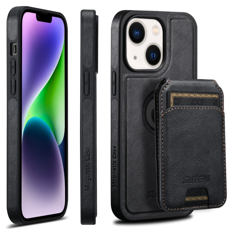 For iPhone 14 Plus Suteni M2 Oil Wax MagSafe Horizontal Card Bag Phone Case(Black) - iPhone 14 Plus Cases by Suteni | Online Shopping South Africa | PMC Jewellery | Buy Now Pay Later Mobicred