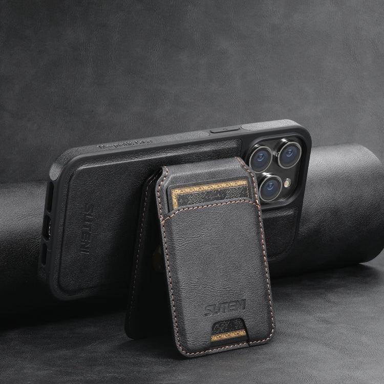 For iPhone 14 Suteni M2 Oil Wax MagSafe Horizontal Card Bag Phone Case(Black) - iPhone 14 Cases by Suteni | Online Shopping South Africa | PMC Jewellery | Buy Now Pay Later Mobicred