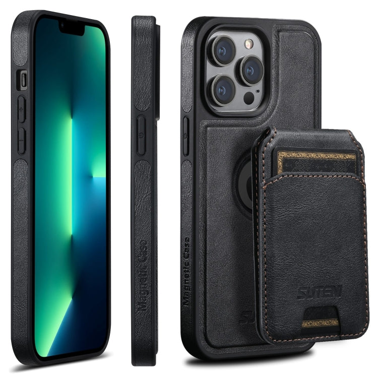 For iPhone 13 Pro Max Suteni M2 Oil Wax MagSafe Horizontal Card Bag Phone Case(Black) - iPhone 13 Pro Max Cases by Suteni | Online Shopping South Africa | PMC Jewellery | Buy Now Pay Later Mobicred