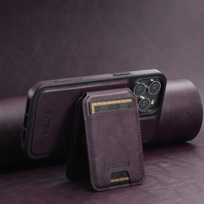 For iPhone 12  Suteni M2 Oil Wax MagSafe Horizontal Card Bag Phone Case(Purple) - iPhone 12 / 12 Pro Cases by Suteni | Online Shopping South Africa | PMC Jewellery | Buy Now Pay Later Mobicred