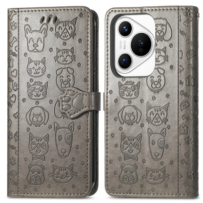 For Huawei Pura 70 Cat and Dog Embossed Leather Phone Case(Gray) - Huawei Cases by PMC Jewellery | Online Shopping South Africa | PMC Jewellery | Buy Now Pay Later Mobicred