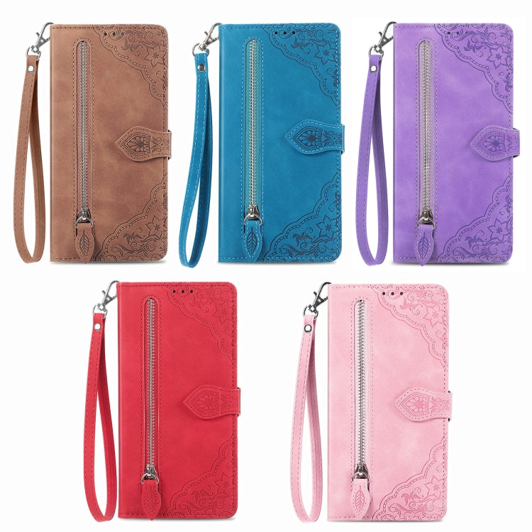 For Huawei Pura 70 Embossed Flower Zipper Leather Phone Case(Brown) - Huawei Cases by PMC Jewellery | Online Shopping South Africa | PMC Jewellery | Buy Now Pay Later Mobicred