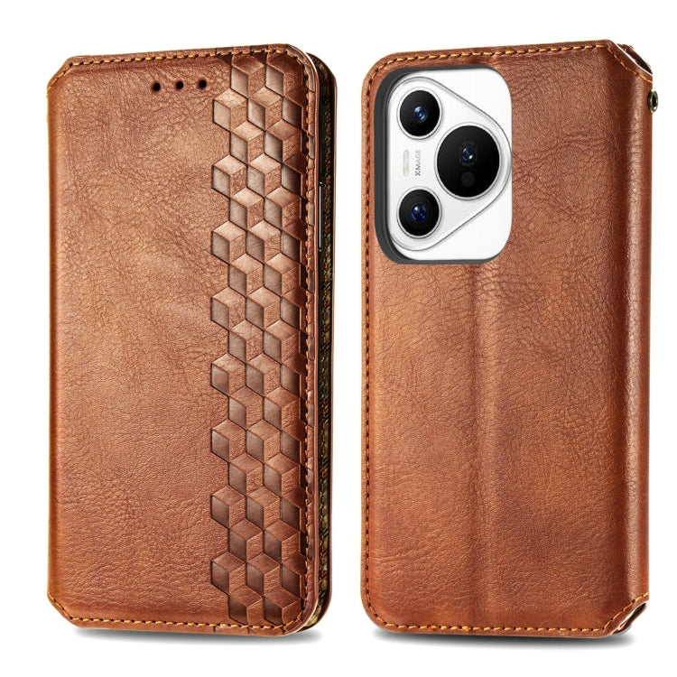 For Huawei Pura 70 Cubic Grid Pressed Magnetic Leather Phone Case(Brown) - Huawei Cases by PMC Jewellery | Online Shopping South Africa | PMC Jewellery | Buy Now Pay Later Mobicred