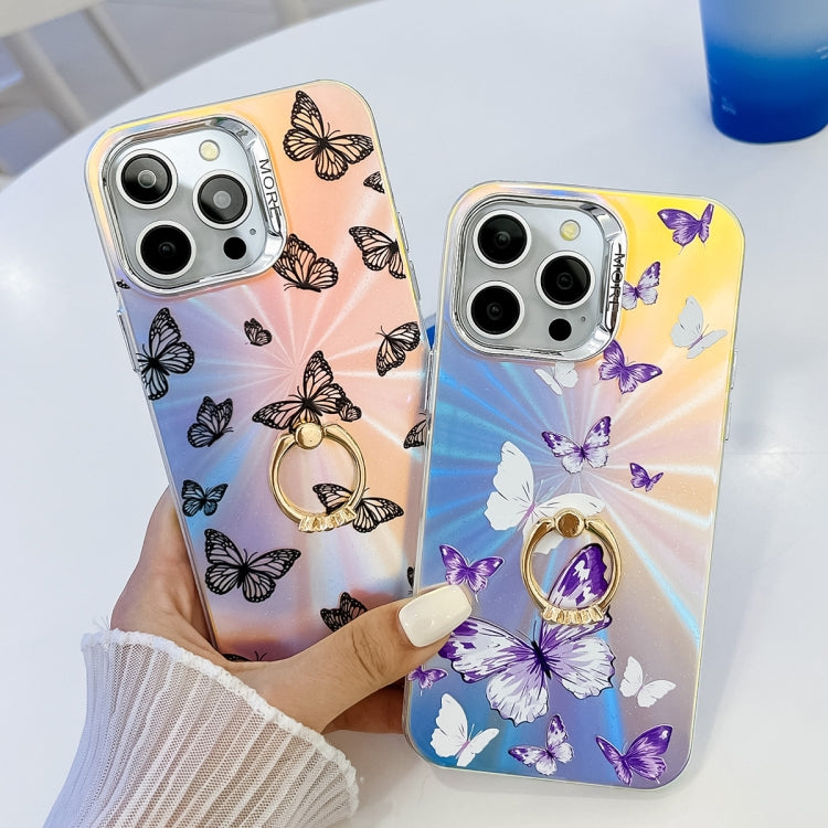 For iPhone 16 Pro Electroplating Laser Butterfly Ring Holder Phone Case(Pink Butterflies AB2) - iPhone 16 Pro Cases by PMC TechLife | Online Shopping South Africa | PMC TechLife | Buy Now Pay Later Mobicred