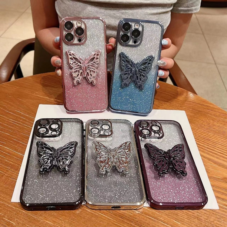 For iPhone 16 Electroplated Gradient Glitter 3D Butterfly TPU Phone Case(Gradient Black) - iPhone 16 Cases by PMC Jewellery | Online Shopping South Africa | PMC Jewellery | Buy Now Pay Later Mobicred