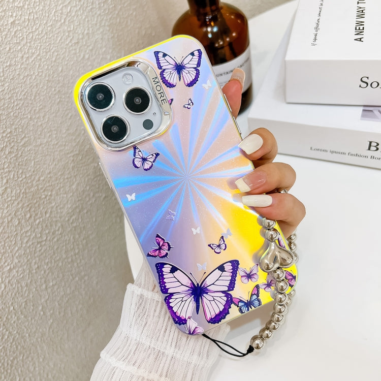 For iPhone 16 Pro Max Electroplating Laser Butterfly Phone Case with Wrist Strap(Pink Butterflies AB2) - iPhone 16 Pro Max Cases by PMC TechLife | Online Shopping South Africa | PMC TechLife | Buy Now Pay Later Mobicred