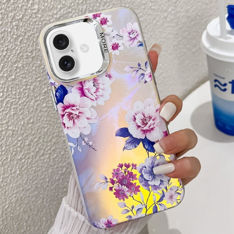For iPhone 16 Plus Electroplating Laser Flower Texture TPU Phone Case(Peony AH11) - iPhone 16 Plus Cases by PMC TechLife | Online Shopping South Africa | PMC TechLife | Buy Now Pay Later Mobicred
