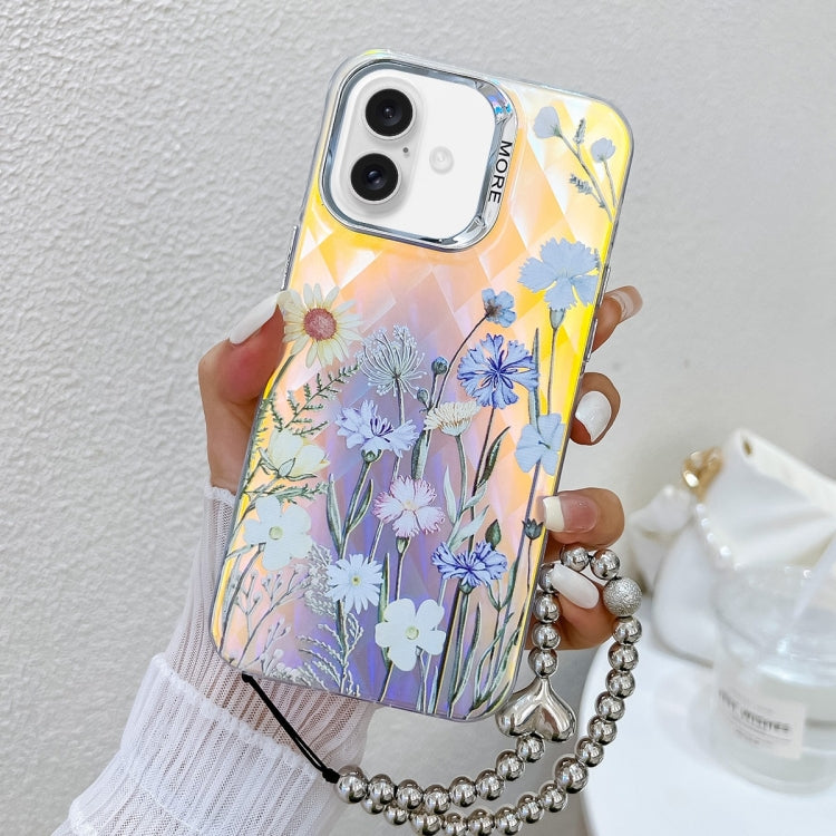 For iPhone 16 Electroplating Laser Flower Phone Case with Wrist Strap(Chrysanthemum AH5) - iPhone 16 Cases by PMC Jewellery | Online Shopping South Africa | PMC Jewellery | Buy Now Pay Later Mobicred