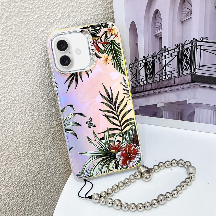 For iPhone 16 Electroplating Laser Flower Phone Case with Wrist Strap(Leaves AH12) - iPhone 16 Cases by PMC Jewellery | Online Shopping South Africa | PMC Jewellery | Buy Now Pay Later Mobicred