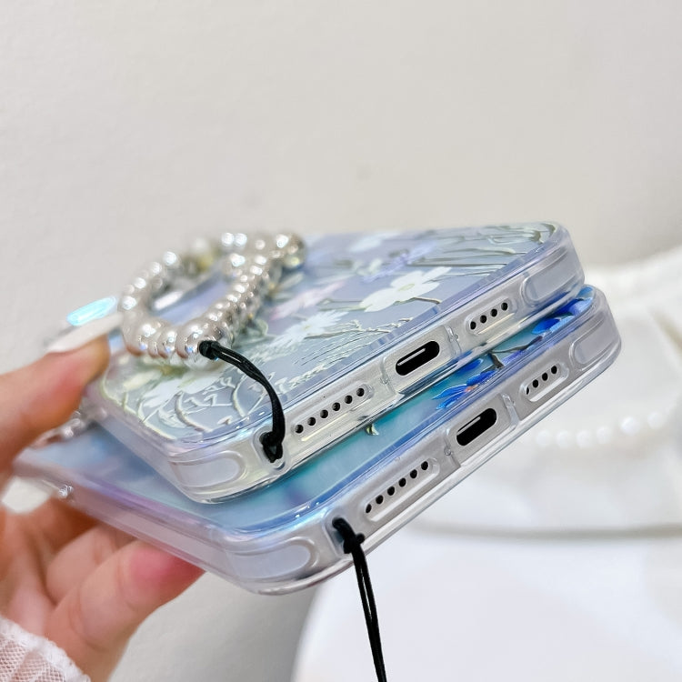 For iPhone 16 Electroplating Laser Flower Phone Case with Wrist Strap(Flower AH1) - iPhone 16 Cases by PMC TechLife | Online Shopping South Africa | PMC TechLife | Buy Now Pay Later Mobicred