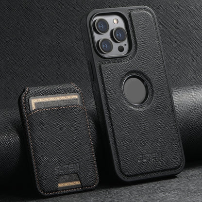 For iPhone 15 Pro Suteni M2 Cross-Grain MagSafe Vertical Card Back Phone Case(Black) - iPhone 15 Pro Cases by Suteni | Online Shopping South Africa | PMC Jewellery | Buy Now Pay Later Mobicred