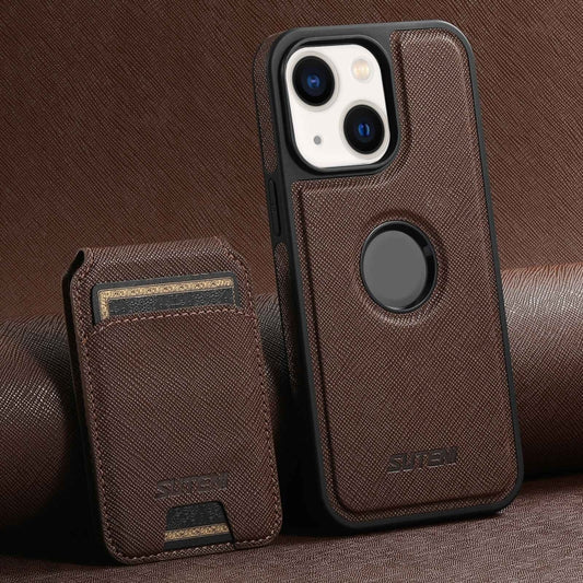 For iPhone 14 Plus Suteni M2 Cross-Grain MagSafe Vertical Card Back Phone Case(Brown) - iPhone 14 Plus Cases by Suteni | Online Shopping South Africa | PMC Jewellery | Buy Now Pay Later Mobicred