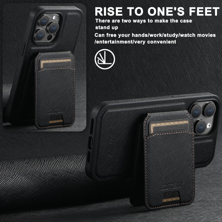 For iPhone 14 Suteni M2 Cross-Grain MagSafe Vertical Card Back Phone Case(Black) - iPhone 14 Cases by Suteni | Online Shopping South Africa | PMC Jewellery | Buy Now Pay Later Mobicred