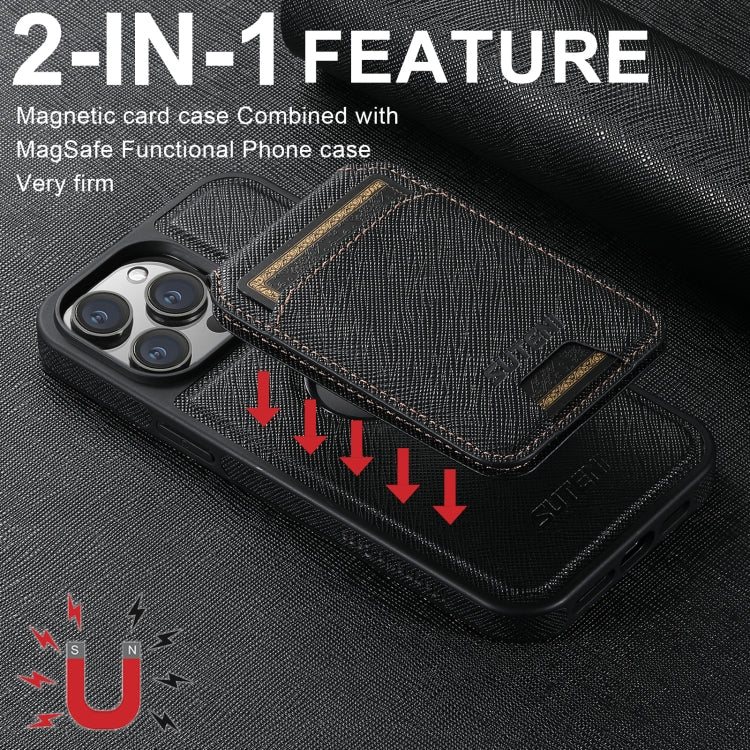 For iPhone 13 Pro Suteni M2 Cross-Grain MagSafe Vertical Card Back Phone Case(Black) - free shipping - PMC Jewellery - Order now!