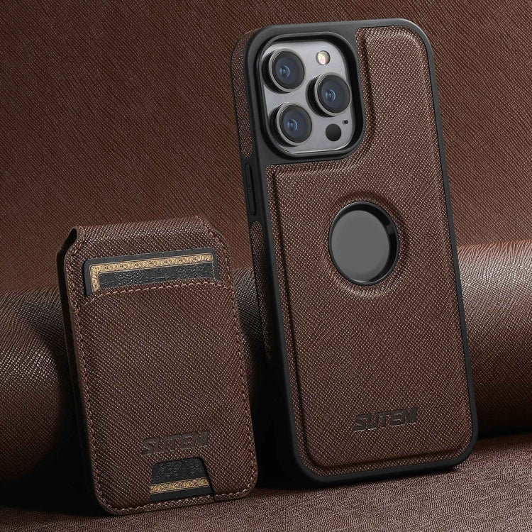 For iPhone 12 Pro Max Suteni M2 Cross-Grain MagSafe Vertical Card Back Phone Case(Brown) - free shipping - PMC Jewellery - Order now!