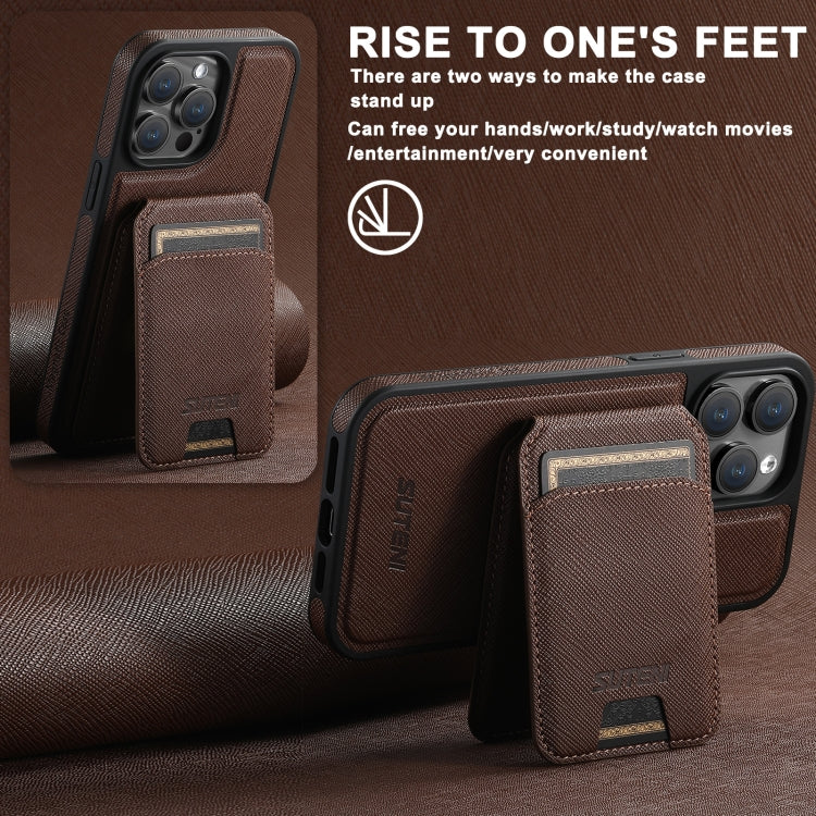 For iPhone 12 Pro Max Suteni M2 Cross-Grain MagSafe Vertical Card Back Phone Case(Brown) - free shipping - PMC Jewellery - Order now!