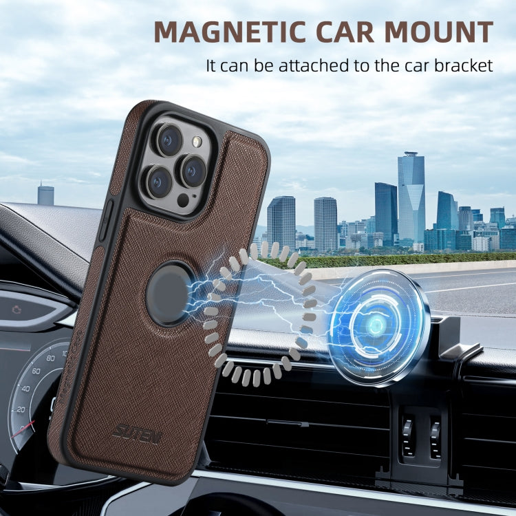 For iPhone 12 Pro Max Suteni M2 Cross-Grain MagSafe Vertical Card Back Phone Case(Brown) - free shipping - PMC Jewellery - Order now!