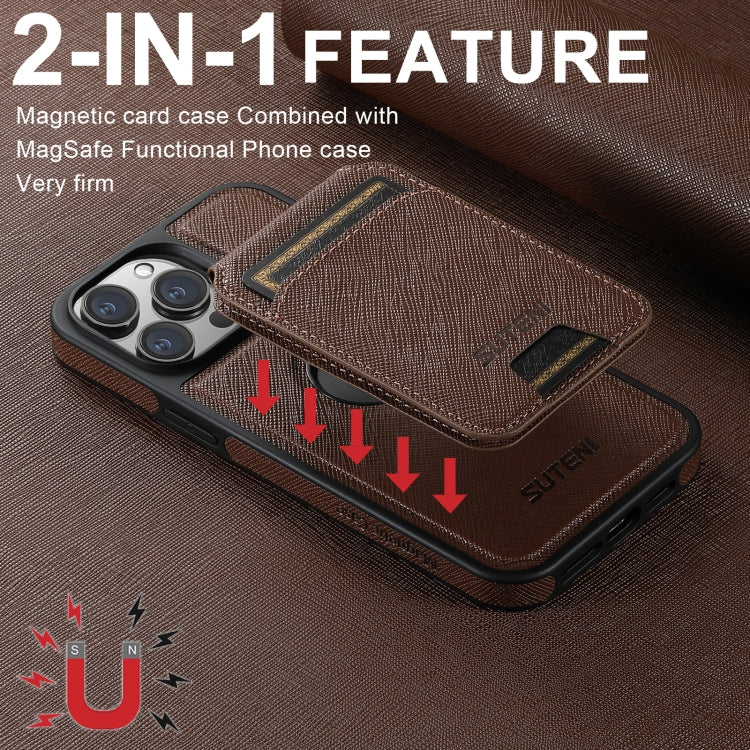 For iPhone 12 Pro Suteni M2 Cross-Grain MagSafe Vertical Card Back Phone Case(Brown) - iPhone 12 / 12 Pro Cases by Suteni | Online Shopping South Africa | PMC Jewellery | Buy Now Pay Later Mobicred