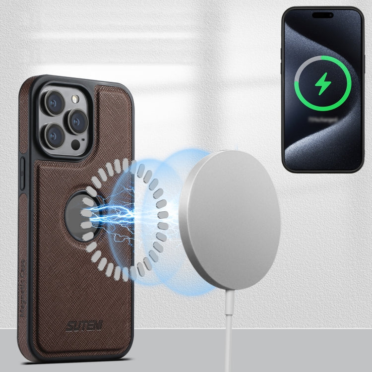 For iPhone 16 Suteni M2 Cross-Grain MagSafe Vertical Card Back Phone Case(Brown) - free shipping - PMC Jewellery - Order now!