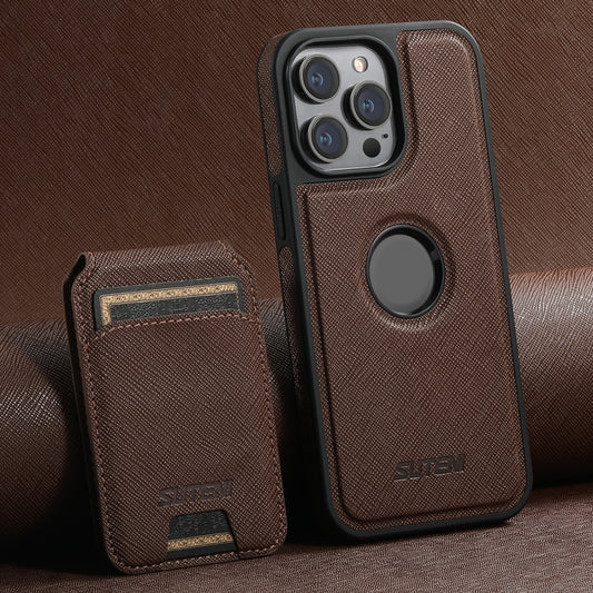 For iPhone 16 Pro Max Suteni M2 Cross-Grain MagSafe Vertical Card Back Phone Case(Brown) - iPhone 16 Pro Max Cases by Suteni | Online Shopping South Africa | PMC Jewellery | Buy Now Pay Later Mobicred