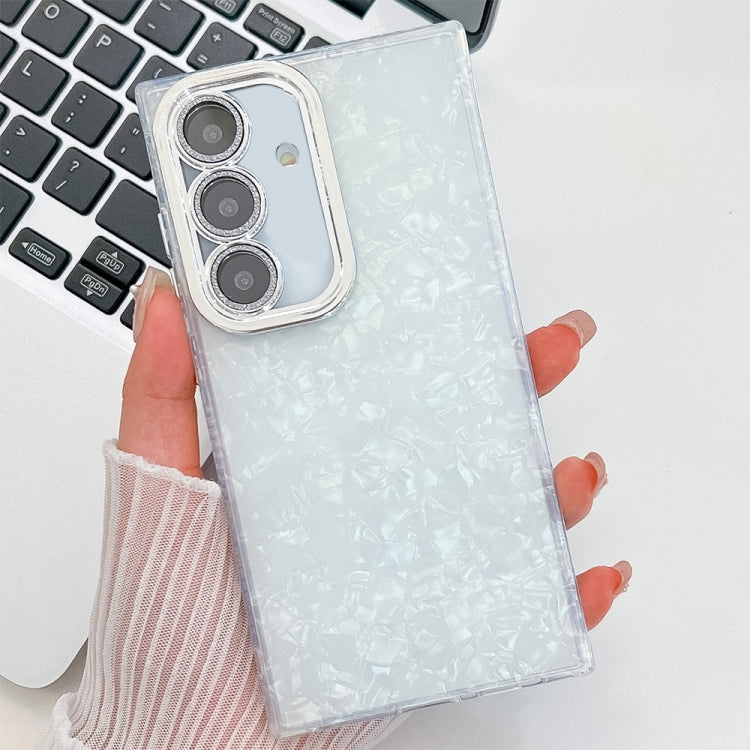 For Samsung Galaxy S25+ 5G Plating Glitter Texture TPU Phone Case with Lens Film(White Shell Pattern) - Galaxy S25+ 5G Cases by PMC Jewellery | Online Shopping South Africa | PMC Jewellery | Buy Now Pay Later Mobicred