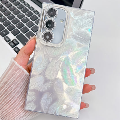 For Samsung Galaxy S25+ 5G Plating Glitter Texture TPU Phone Case with Lens Film(White Feathers) - Galaxy S25+ 5G Cases by PMC Jewellery | Online Shopping South Africa | PMC Jewellery | Buy Now Pay Later Mobicred