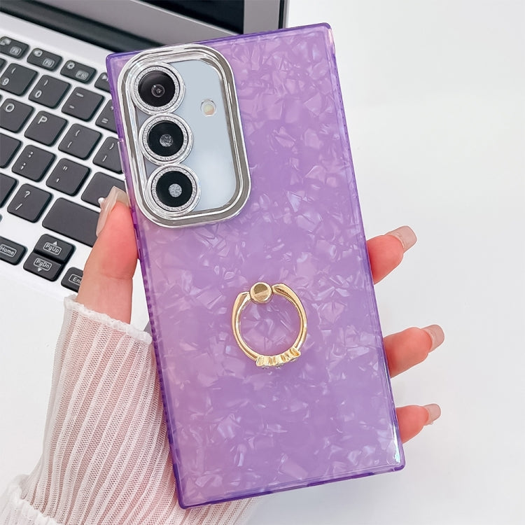 For Samsung Galaxy S25 5G Plating Glitter Texture Ring Holder TPU Phone Case with Lens Film(Purple Shell Pattern) - Galaxy S25 5G Cases by PMC Jewellery | Online Shopping South Africa | PMC Jewellery | Buy Now Pay Later Mobicred