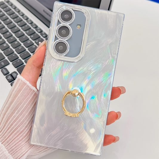 For Samsung Galaxy S25+ 5G Plating Glitter Texture Ring Holder TPU Phone Case with Lens Film(White Feather Yarn) - Galaxy S25+ 5G Cases by PMC Jewellery | Online Shopping South Africa | PMC Jewellery | Buy Now Pay Later Mobicred