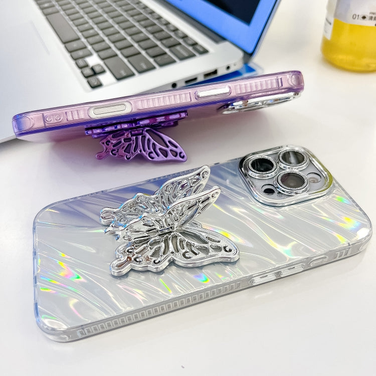 For iPhone 16 Plating Glitter Texture Butterfly Holder TPU Phone Case with Lens Film(White Tinfoil Texture) - iPhone 16 Cases by PMC Jewellery | Online Shopping South Africa | PMC Jewellery | Buy Now Pay Later Mobicred