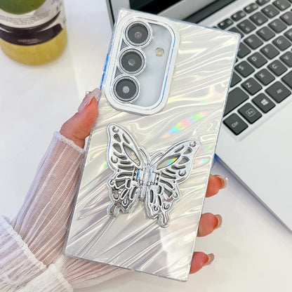 For Samsung Galaxy S25 5G Plating Glitter Texture Butterfly Holder TPU Phone Case with Lens Film(White Water Ripples) - Galaxy S25 5G Cases by PMC Jewellery | Online Shopping South Africa | PMC Jewellery | Buy Now Pay Later Mobicred