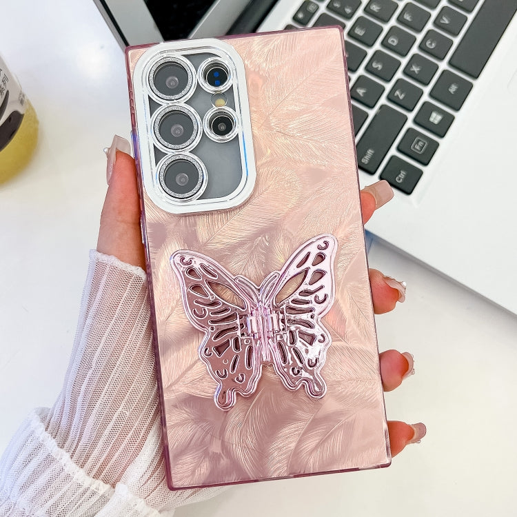 For Samsung Galaxy S25 Ultra 5G Plating Glitter Texture Butterfly Holder TPU Phone Case with Lens Film(Pink Feathers) - Galaxy S25 Ultra 5G Cases by PMC Jewellery | Online Shopping South Africa | PMC Jewellery | Buy Now Pay Later Mobicred