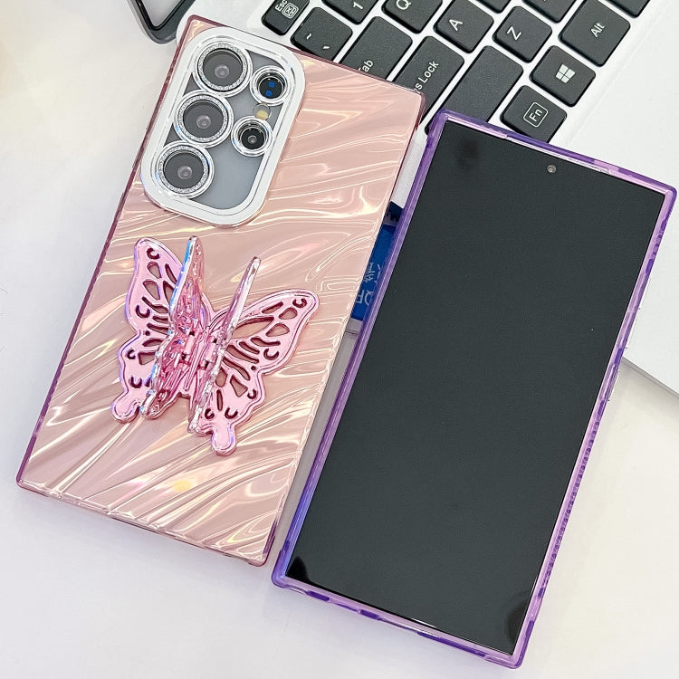 For Samsung Galaxy S25 5G Plating Glitter Texture Butterfly Holder TPU Phone Case with Lens Film(White Feathers) - Galaxy S25 5G Cases by PMC Jewellery | Online Shopping South Africa | PMC Jewellery | Buy Now Pay Later Mobicred