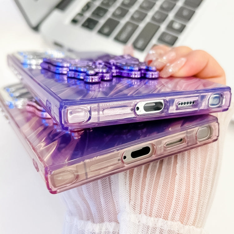 For Samsung Galaxy S25 5G Plating Glitter Texture Butterfly Holder TPU Phone Case with Lens Film(Purple Feathers) - Galaxy S25 5G Cases by PMC Jewellery | Online Shopping South Africa | PMC Jewellery | Buy Now Pay Later Mobicred