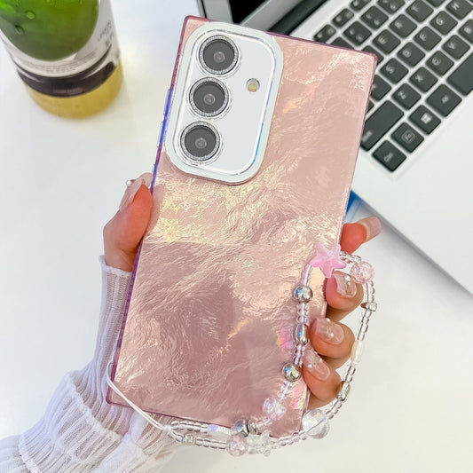 For Samsung Galaxy S25+ 5G Plating Glitter Texture Chain Wristband TPU Phone Case with Lens Film(Pink Tinfoil Texture) - Galaxy S25+ 5G Cases by PMC Jewellery | Online Shopping South Africa | PMC Jewellery | Buy Now Pay Later Mobicred