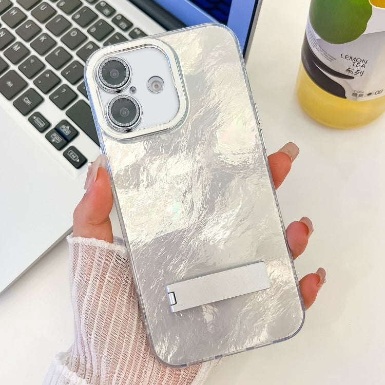 For iPhone 16 Plating Glitter Texture Fold Holder TPU Phone Case with Lens Film(White Tinfoil Texture) - iPhone 16 Cases by PMC TechLife | Online Shopping South Africa | PMC TechLife | Buy Now Pay Later Mobicred