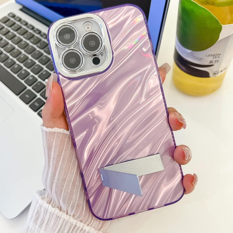 For iPhone 16 Pro Max Plating Glitter Texture Fold Holder TPU Phone Case with Lens Film(White Water Ripples) - iPhone 16 Pro Max Cases by PMC Jewellery | Online Shopping South Africa | PMC Jewellery | Buy Now Pay Later Mobicred