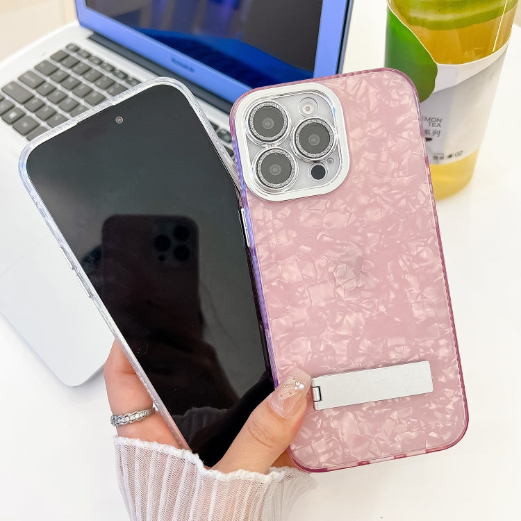 For iPhone 16e Plating Glitter Texture Fold Holder TPU Phone Case with Lens Film(Purple Water Ripples) - iPhone 16e Cases by PMC TechLife | Online Shopping South Africa | PMC TechLife | Buy Now Pay Later Mobicred