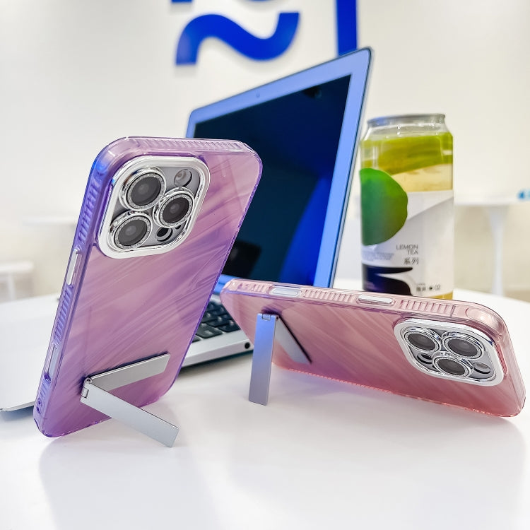 For iPhone 16 Plus Plating Glitter Texture Fold Holder TPU Phone Case with Lens Film(Purple Feathers) - iPhone 16 Plus Cases by PMC TechLife | Online Shopping South Africa | PMC TechLife | Buy Now Pay Later Mobicred