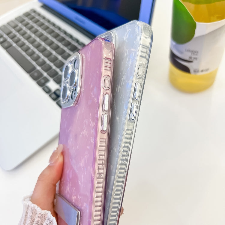 For iPhone 16e Plating Glitter Texture Fold Holder TPU Phone Case with Lens Film(Purple Feather Yarn) - iPhone 16e Cases by PMC TechLife | Online Shopping South Africa | PMC TechLife | Buy Now Pay Later Mobicred