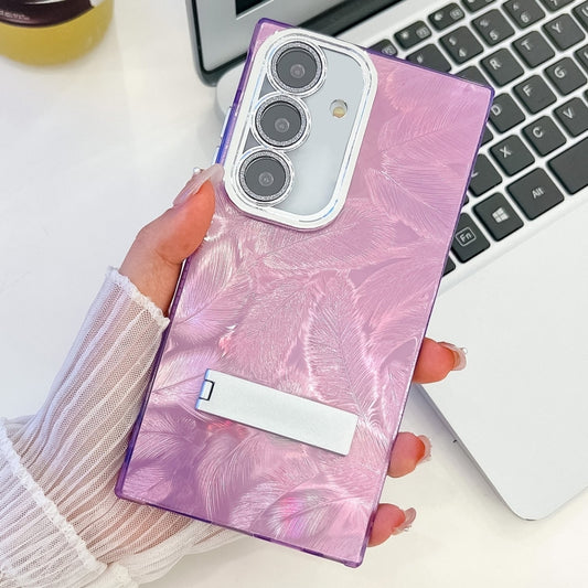 For Samsung Galaxy S25 5G Plating Glitter Texture Fold Holder TPU Phone Case with Lens Film(Purple Feathers) - Galaxy S25 5G Cases by PMC Jewellery | Online Shopping South Africa | PMC Jewellery | Buy Now Pay Later Mobicred