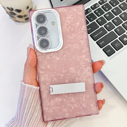 For Samsung Galaxy S25+ 5G Plating Glitter Texture Fold Holder TPU Phone Case with Lens Film(Pink Shell Pattern) - Galaxy S25+ 5G Cases by PMC Jewellery | Online Shopping South Africa | PMC Jewellery | Buy Now Pay Later Mobicred