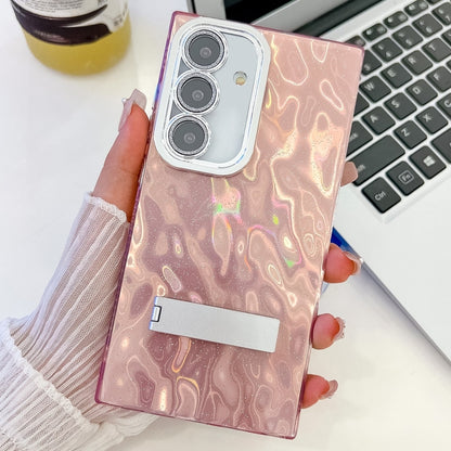 For Samsung Galaxy S25+ 5G Plating Glitter Texture Fold Holder TPU Phone Case with Lens Film(Pink Wrinkles) - Galaxy S25+ 5G Cases by PMC Jewellery | Online Shopping South Africa | PMC Jewellery | Buy Now Pay Later Mobicred