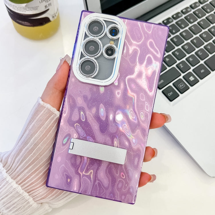 For Samsung Galaxy S25 Ultra 5G Plating Glitter Texture Fold Holder TPU Phone Case with Lens Film(Purple Wrinkles) - Galaxy S25 Ultra 5G Cases by PMC Jewellery | Online Shopping South Africa | PMC Jewellery | Buy Now Pay Later Mobicred