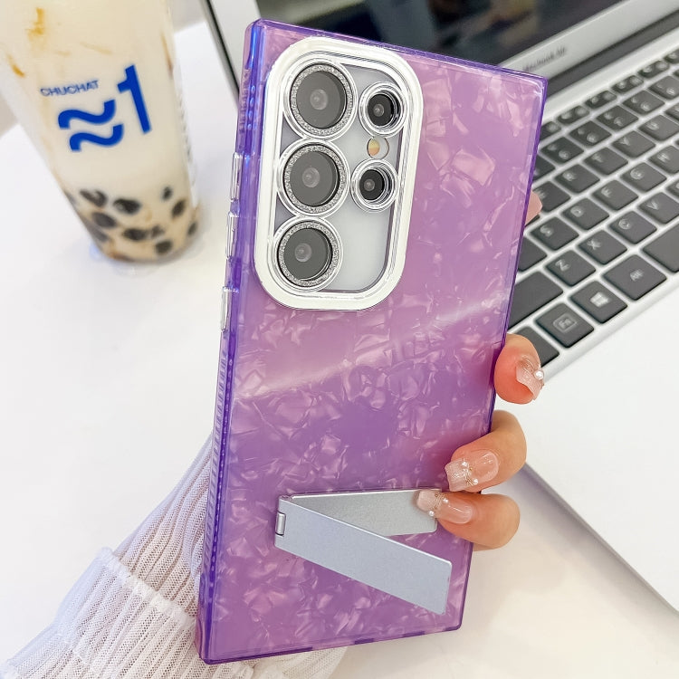 For Samsung Galaxy S25 Ultra 5G Plating Glitter Texture Fold Holder TPU Phone Case with Lens Film(Pink Shell Pattern) - free shipping - PMC Jewellery - Order now!