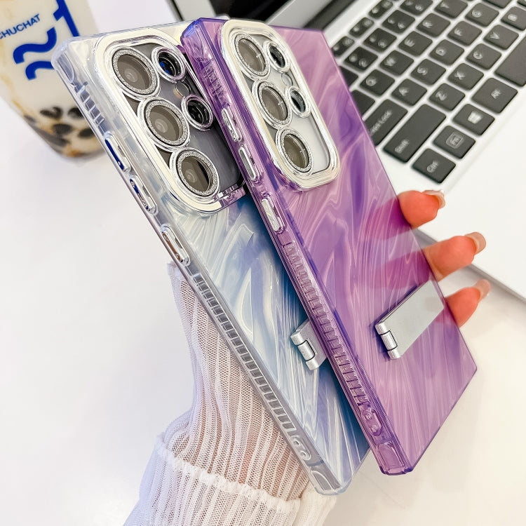 For Samsung Galaxy S25 Ultra 5G Plating Glitter Texture Fold Holder TPU Phone Case with Lens Film(Purple Wrinkles) - Galaxy S25 Ultra 5G Cases by PMC Jewellery | Online Shopping South Africa | PMC Jewellery | Buy Now Pay Later Mobicred