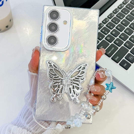 For Samsung Galaxy S25 5G Plating Glitter Lens Film Texture Butterfly Holder Wristband Phone Case(White Tinfoil Texture) - Galaxy S25 5G Cases by PMC Jewellery | Online Shopping South Africa | PMC Jewellery | Buy Now Pay Later Mobicred