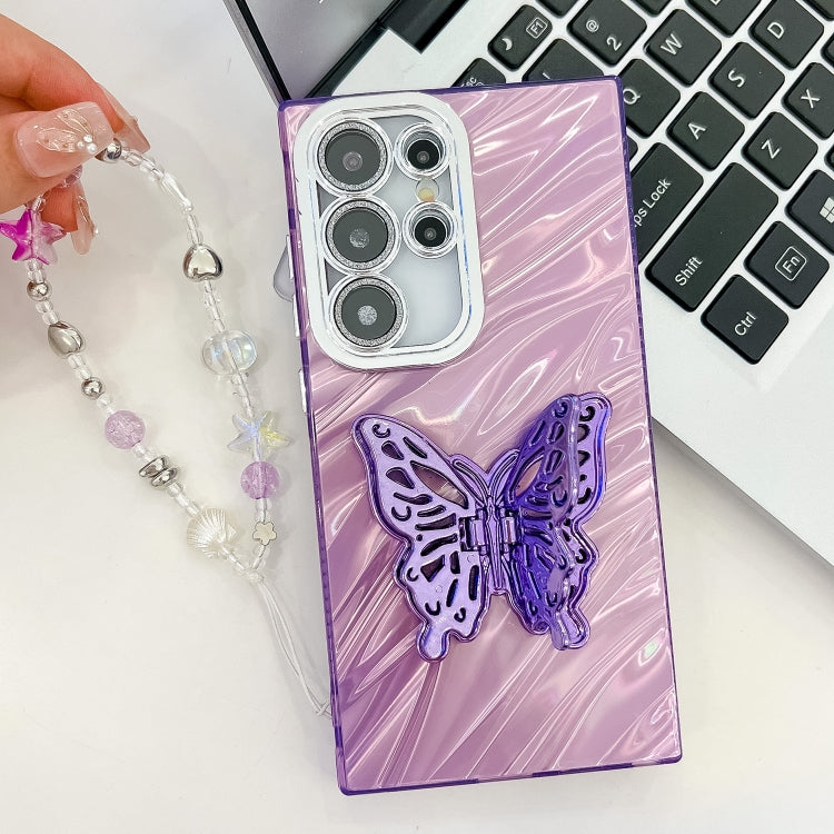 For Samsung Galaxy S25 5G Plating Glitter Lens Film Texture Butterfly Holder Wristband Phone Case(White Feather Yarn) - Galaxy S25 5G Cases by PMC Jewellery | Online Shopping South Africa | PMC Jewellery | Buy Now Pay Later Mobicred